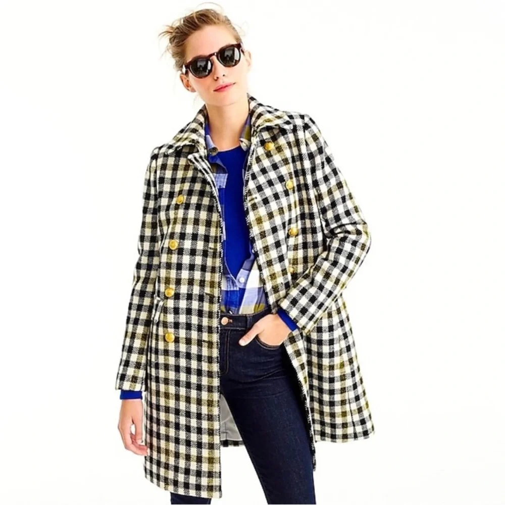 J.Crew Double Breasted Coat in Cypress Black Ivory Oxford Check Plaid Size 2 - Picture 3 of 16